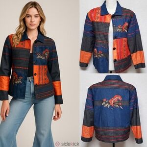 Vintage Coldwater Creek Silk Denim Orange Floral Embroidered Boxy Jacket S